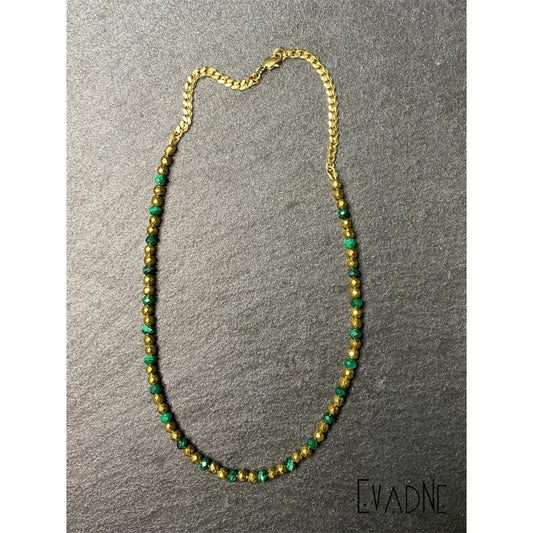 hematite and malachite necklace with brass Cuban link chain