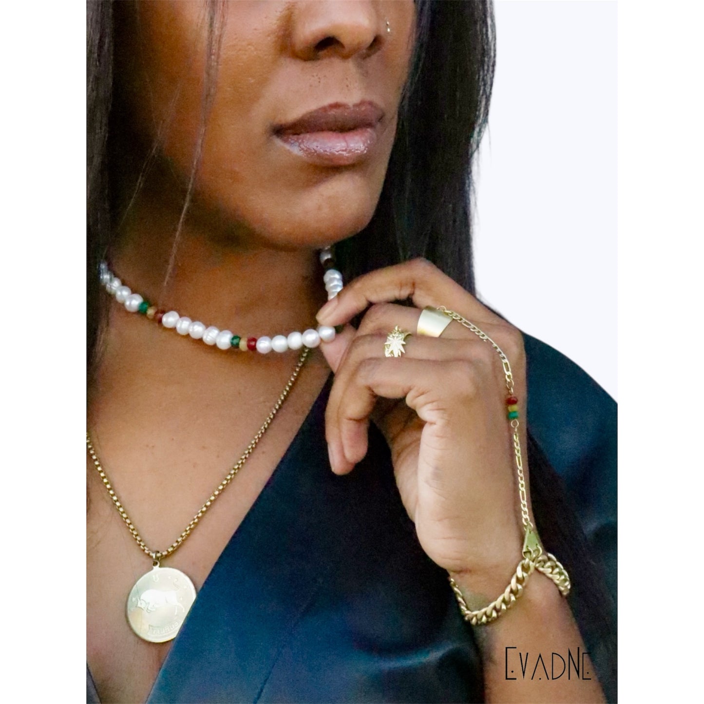 Rasta inspired jade gemstones on brass hand chain jewelry