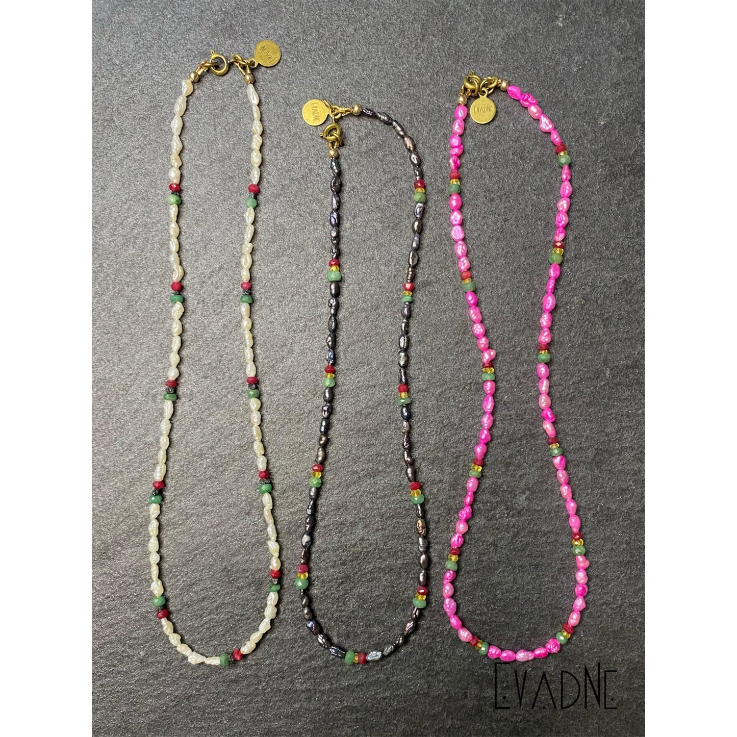 handcrafted multigem black pearl necklace with brass clasp