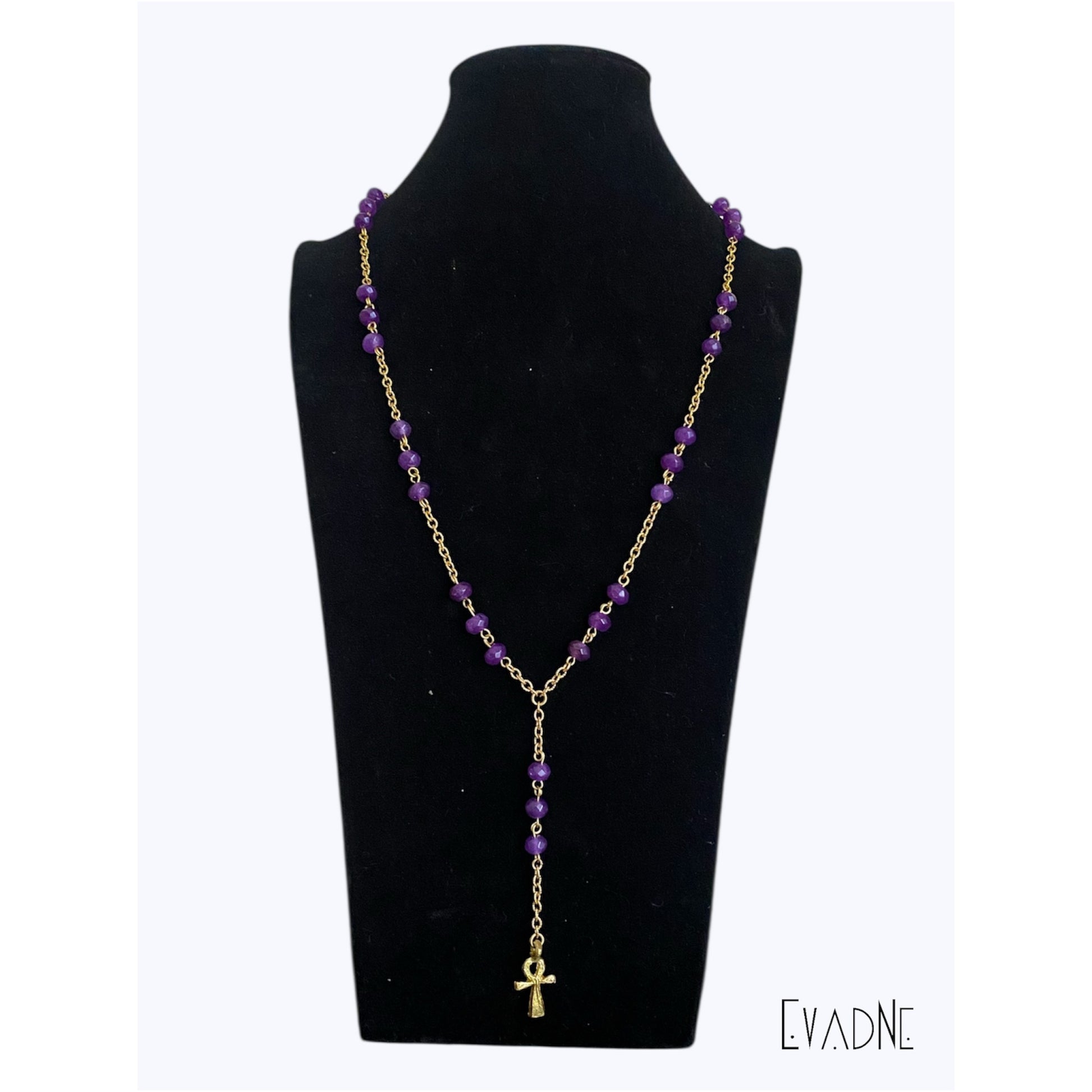 purple jade rosary necklace with ankh charm