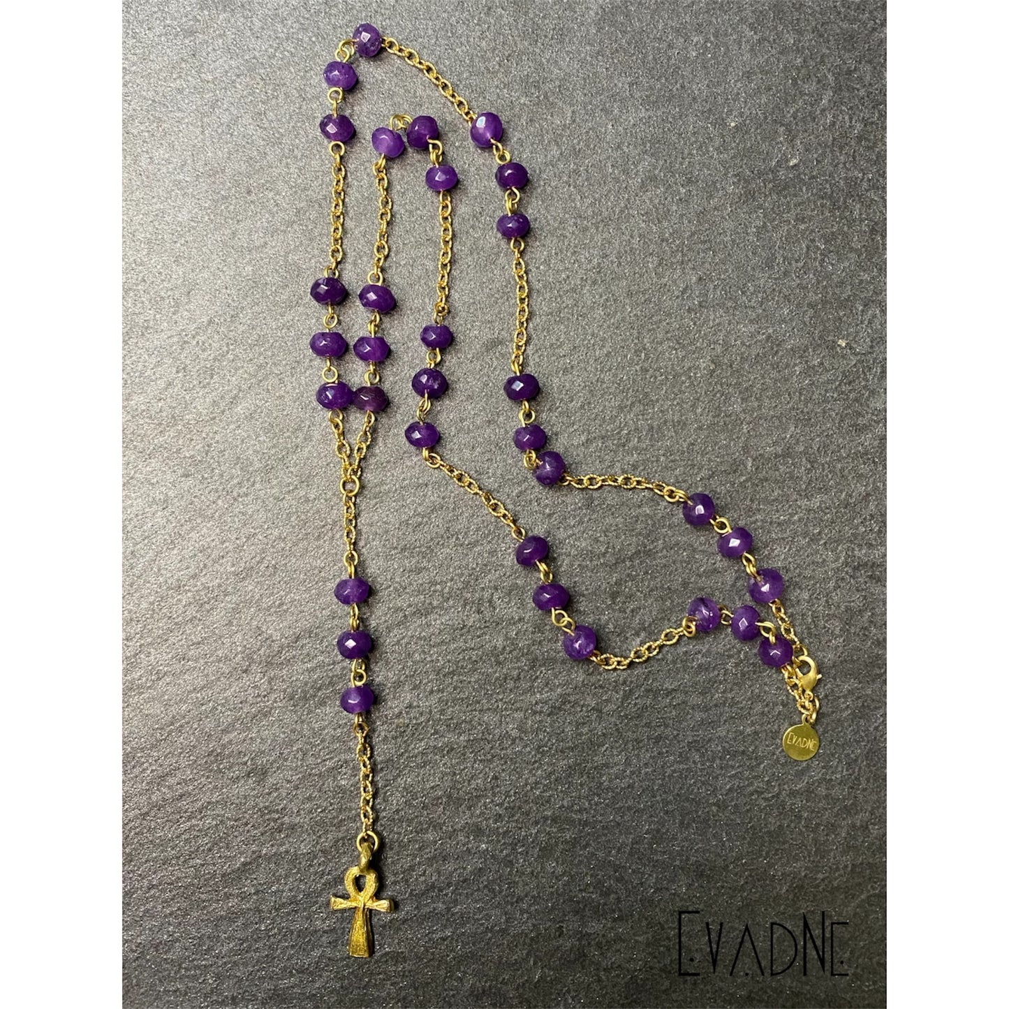 6mm purple jade gemstone rosary with brass chain and ankh