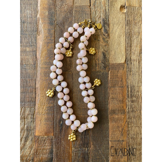 double strand rose quartz choker with brass floral charms