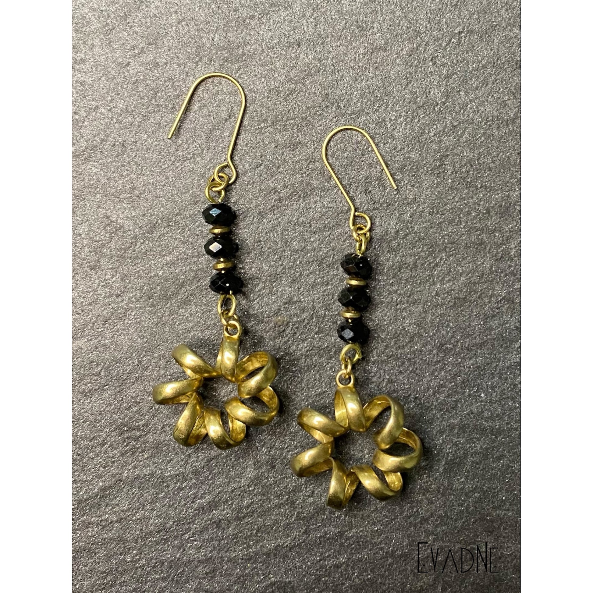black spinel and brass sculptural drop earrings