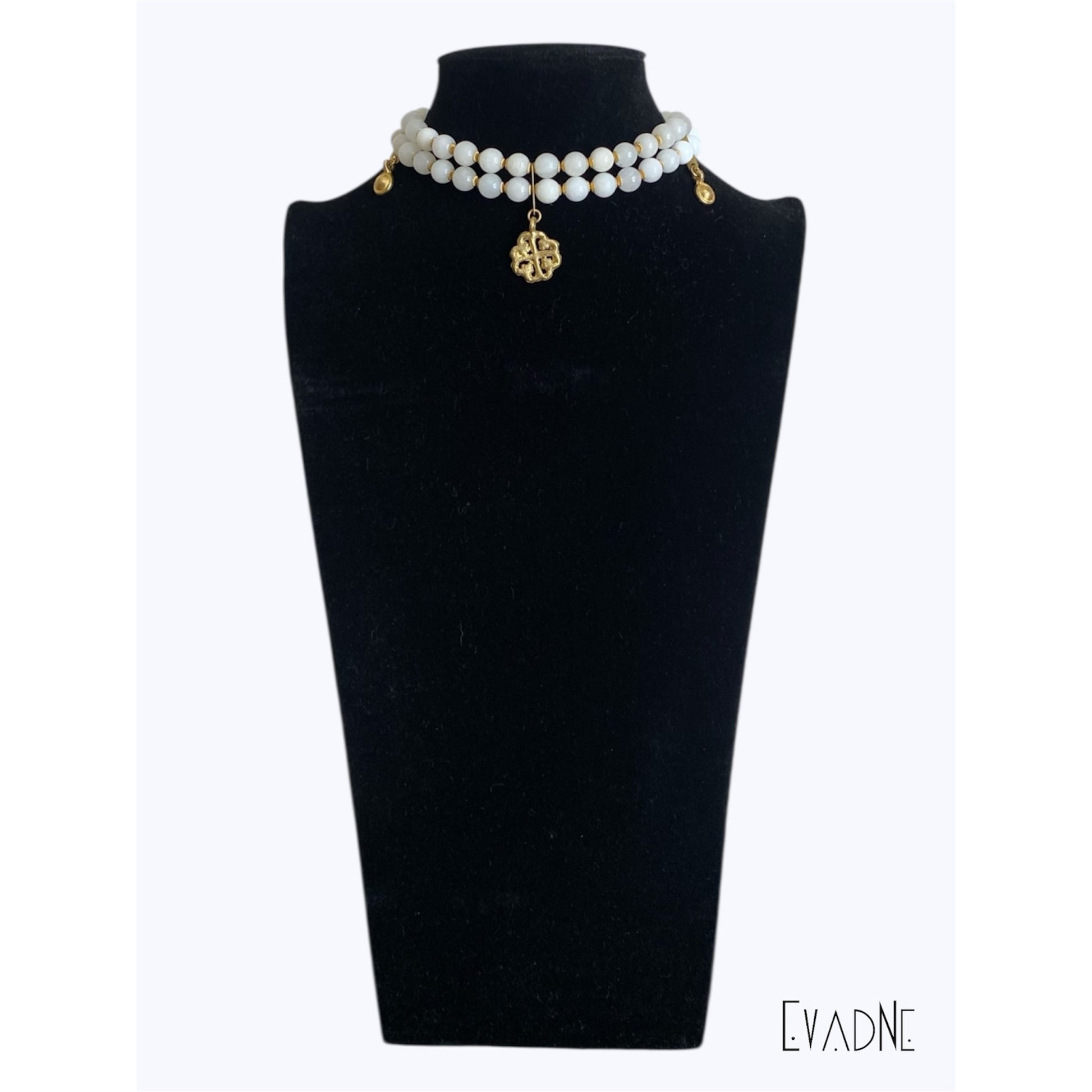 double strand white jade choker with Nyame Dua Adinkra charm