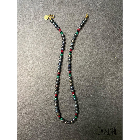 black freshwater pearl necklace with red green jade and black spinel accents