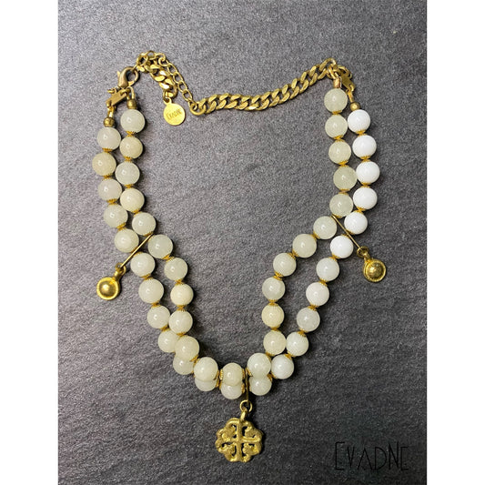 double strand white jade choker with Nyame Dua Adinkra charm