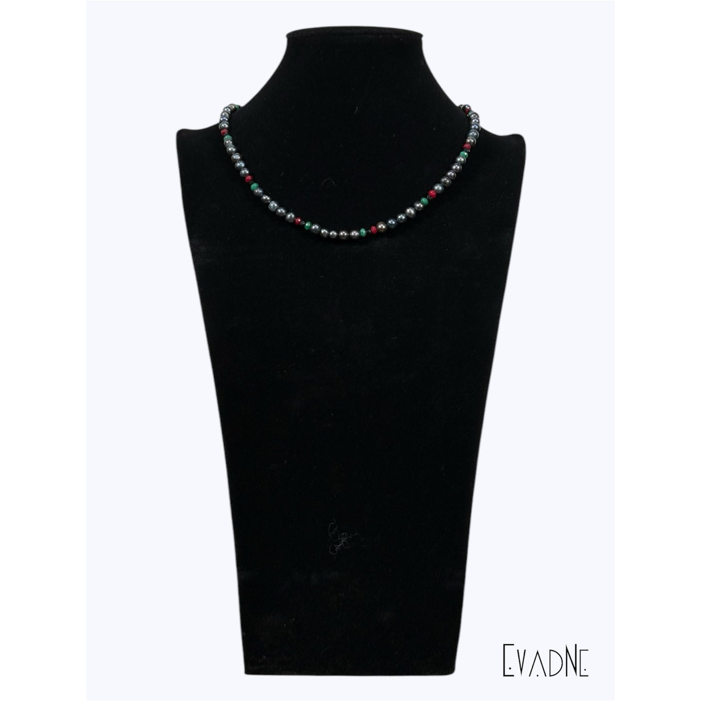 8mm black pearls with RBG gemstone accents in brass setting
