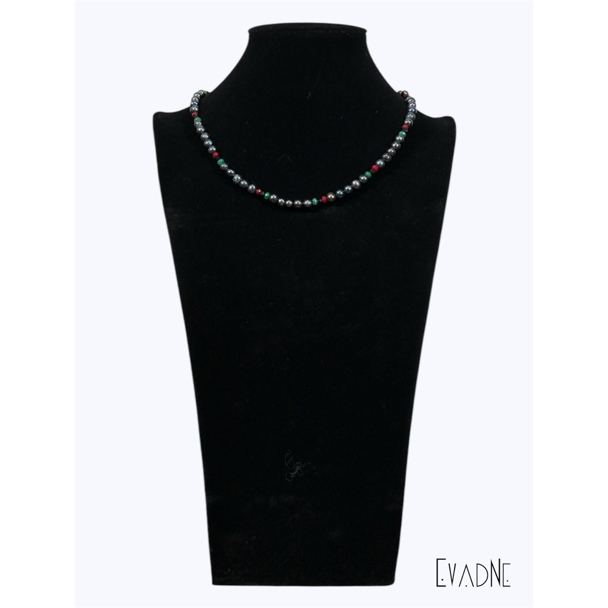 8mm black pearls with RBG gemstone accents in brass setting