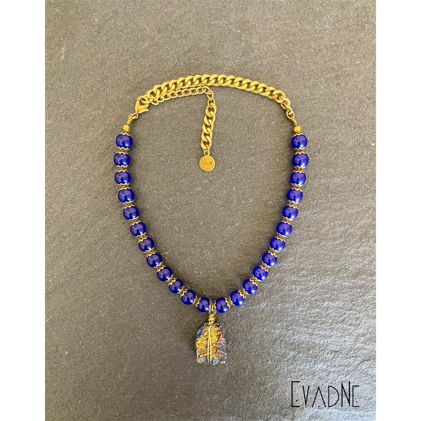 blue jade choker with peacock ore centerpiece