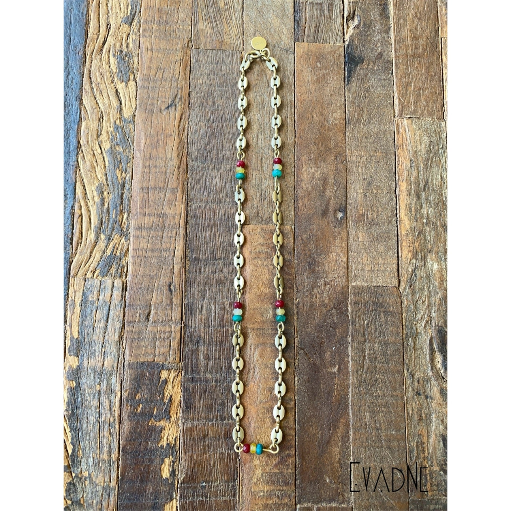 brass Gucci link necklace with Rasta jade gemstone accents