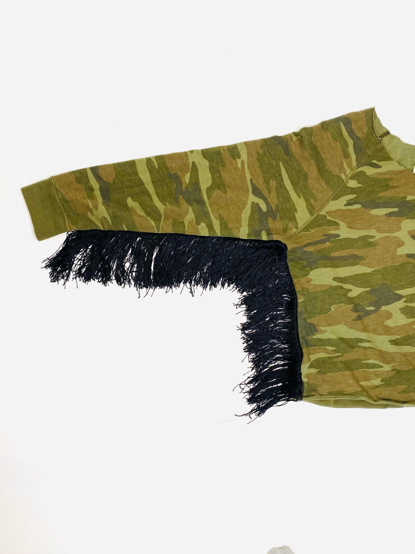 Fringed off the shoulder Camo sweatshirt