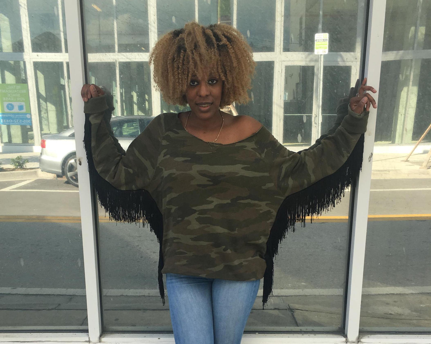 Fringed off the shoulder Camo sweatshirt