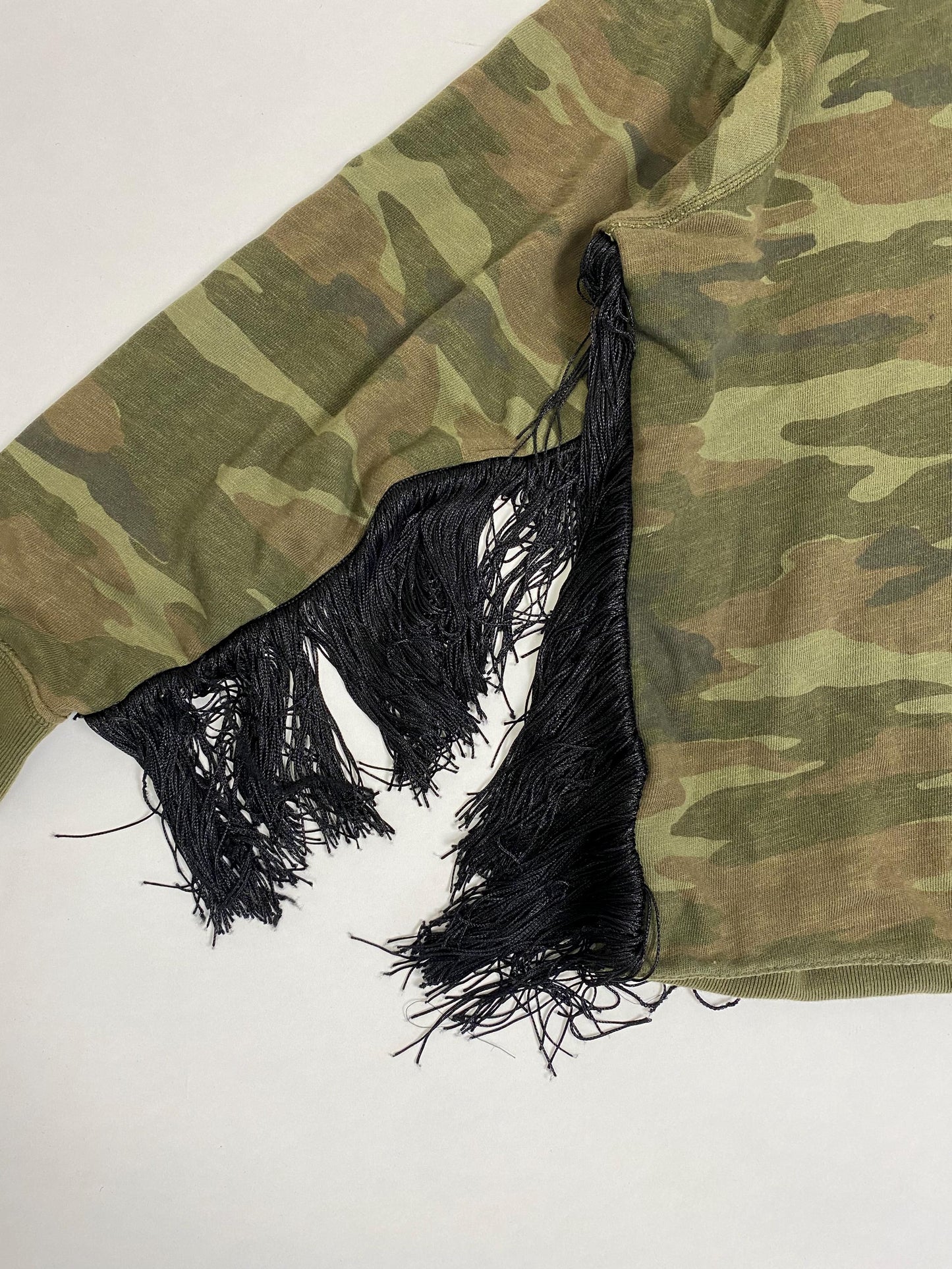 Fringed off the shoulder Camo sweatshirt