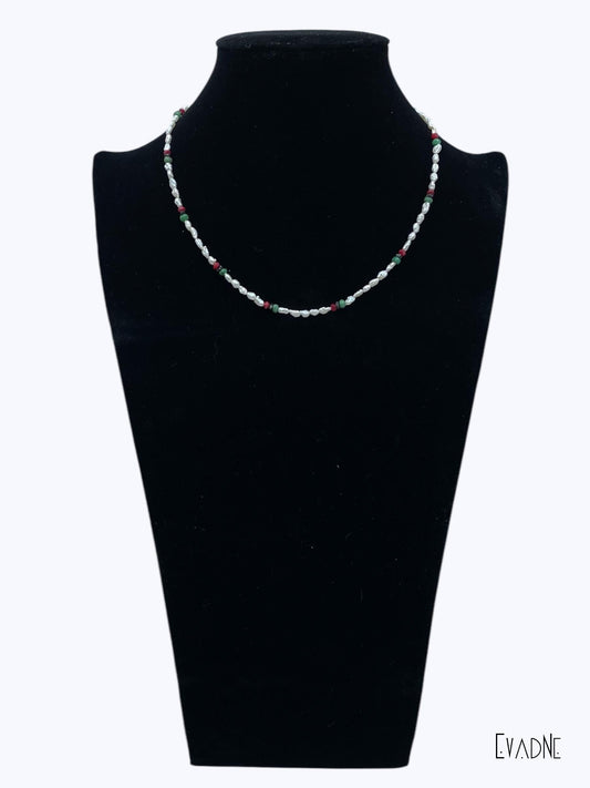 Dainty RBG Necklace with white Pearls + Precious Gems