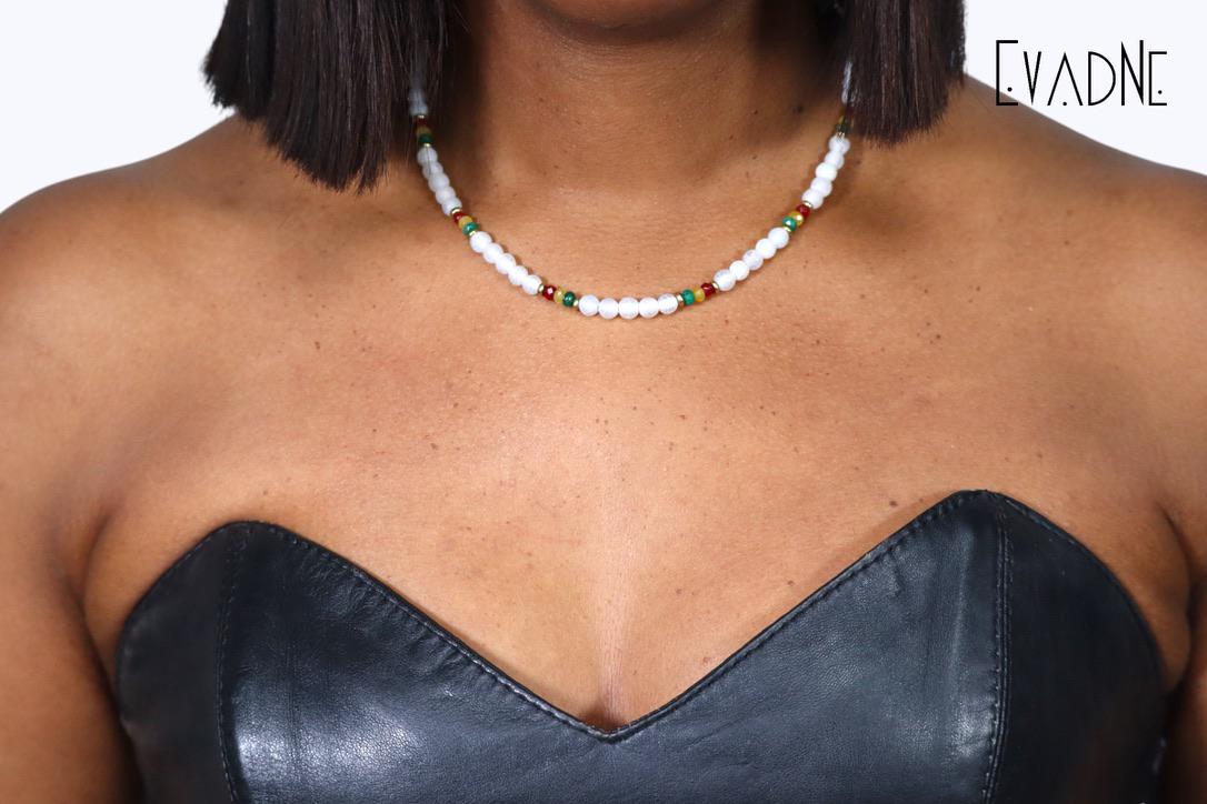 Frosted White Agate + Jade Gems Rasta Necklace