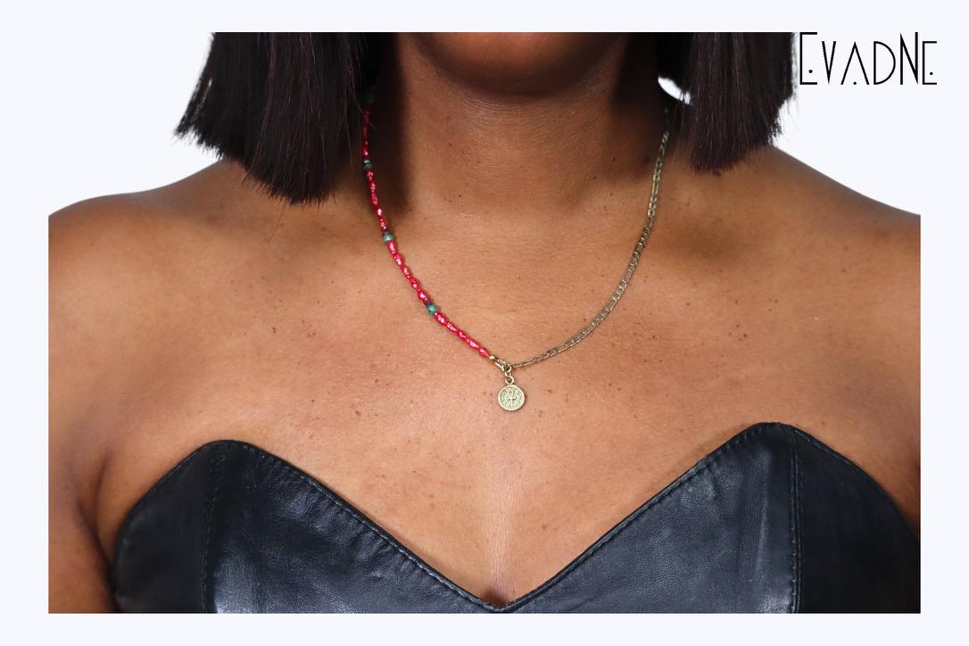 Delicate red pearls + precious gems with Ankh charm