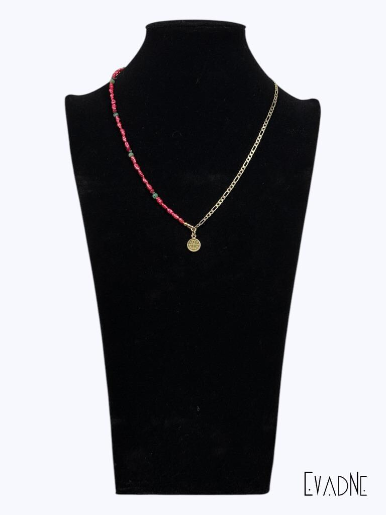 Delicate red pearls + precious gems with Ankh charm