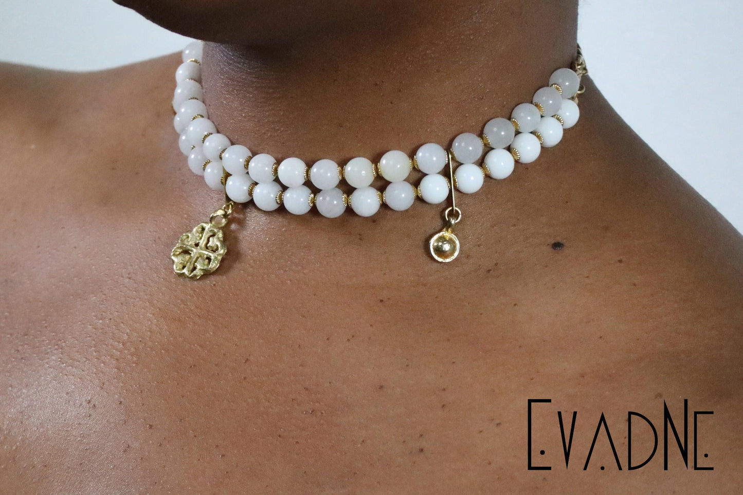 Nyame double strand choker — White Jade & God's Protection Charm