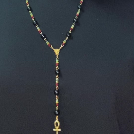 black agate rosary necklace with Rasta jade and ankh charm