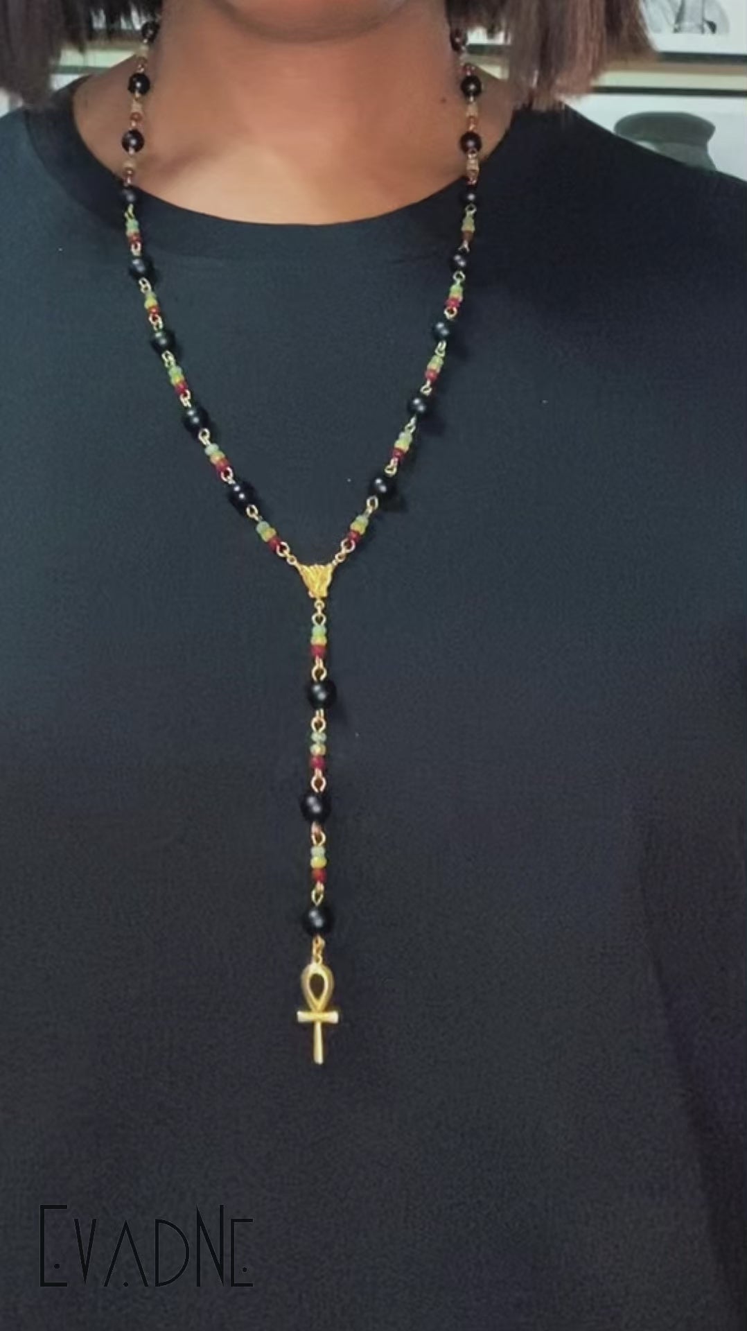 black agate rosary necklace with Rasta jade and ankh charm