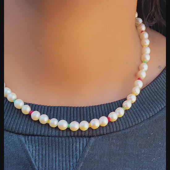 Freshwater pearl necklace with rubies, emeralds and yellow sapphires
