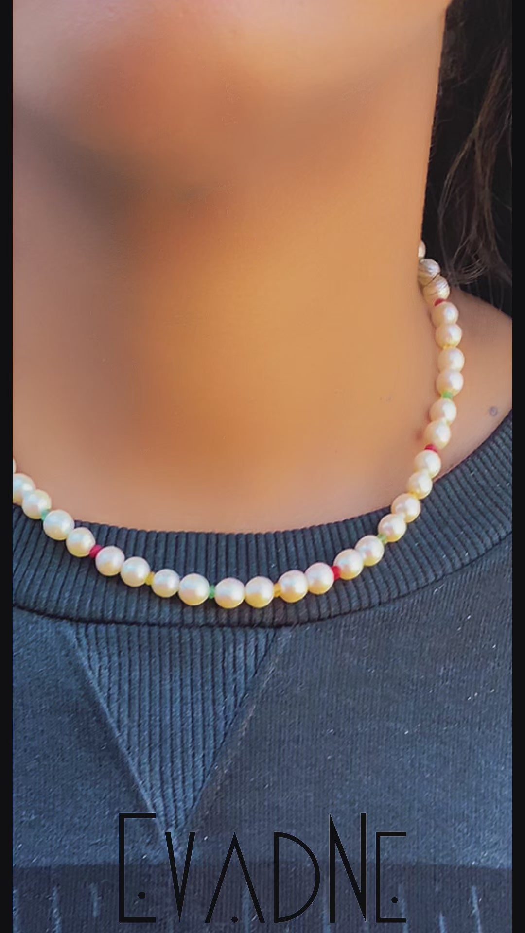 Freshwater pearl necklace with rubies, emeralds and yellow sapphires