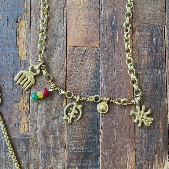 brass Adinkra charms Duafe Ananse Ntontan Gye Nyame on rolo chain