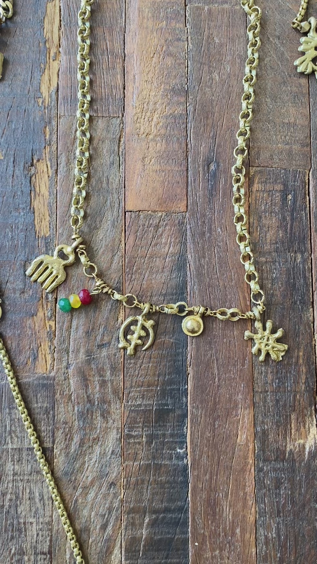 brass Adinkra charms Duafe Ananse Ntontan Gye Nyame on rolo chain