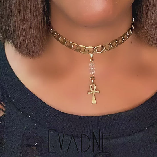 clear quartz crystal beads on brass choker necklace