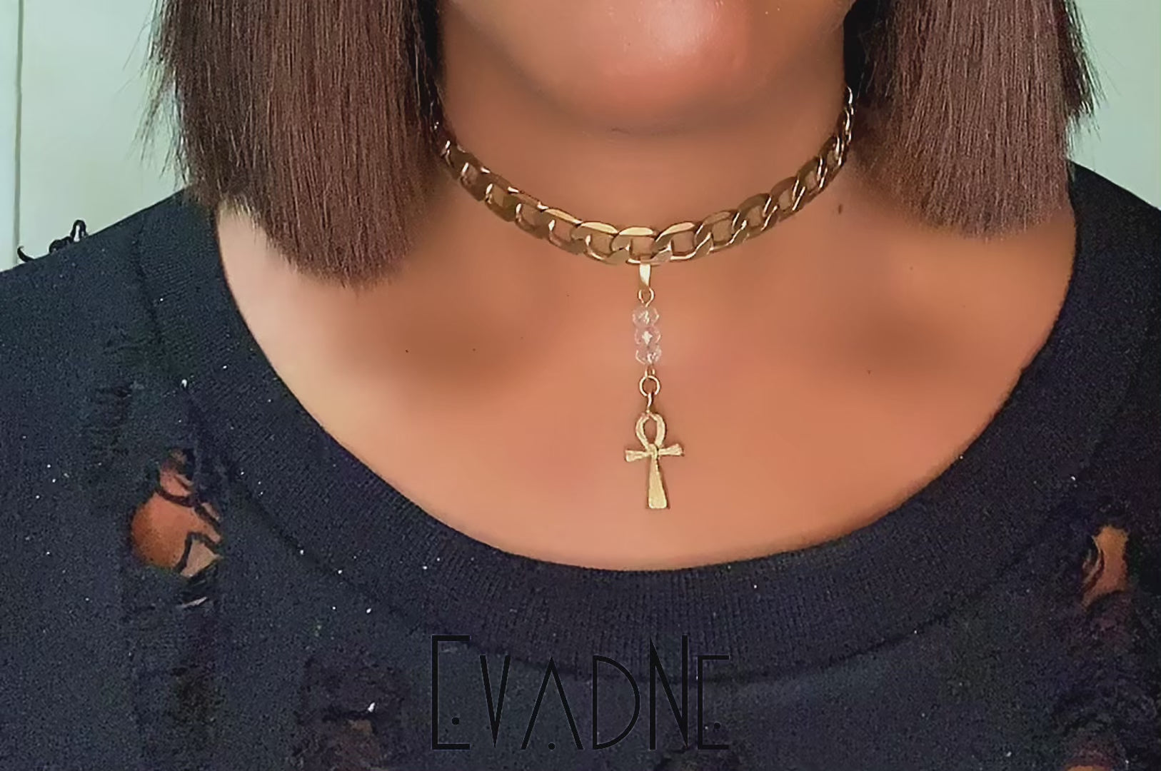 clear quartz crystal beads on brass choker necklace